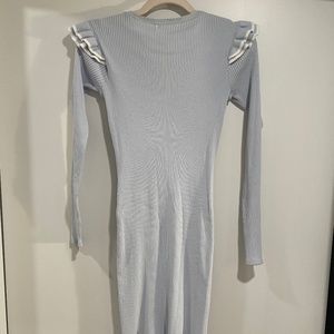 Club Monaco midi bodycon baby blue ribbed dress with ruffle detail